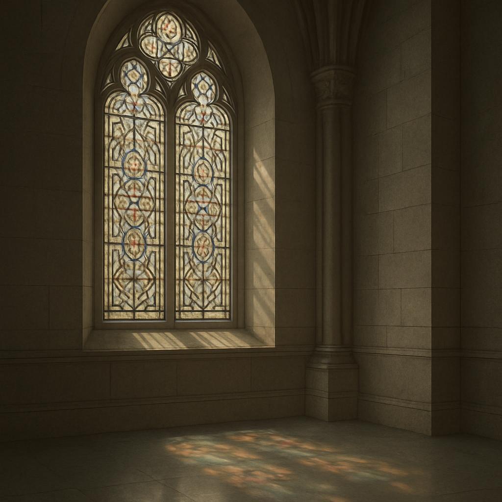 Una ventana con un diseñoラインGED de vidrio en una iglesia, con una luz penetrante y una tierra colorada.