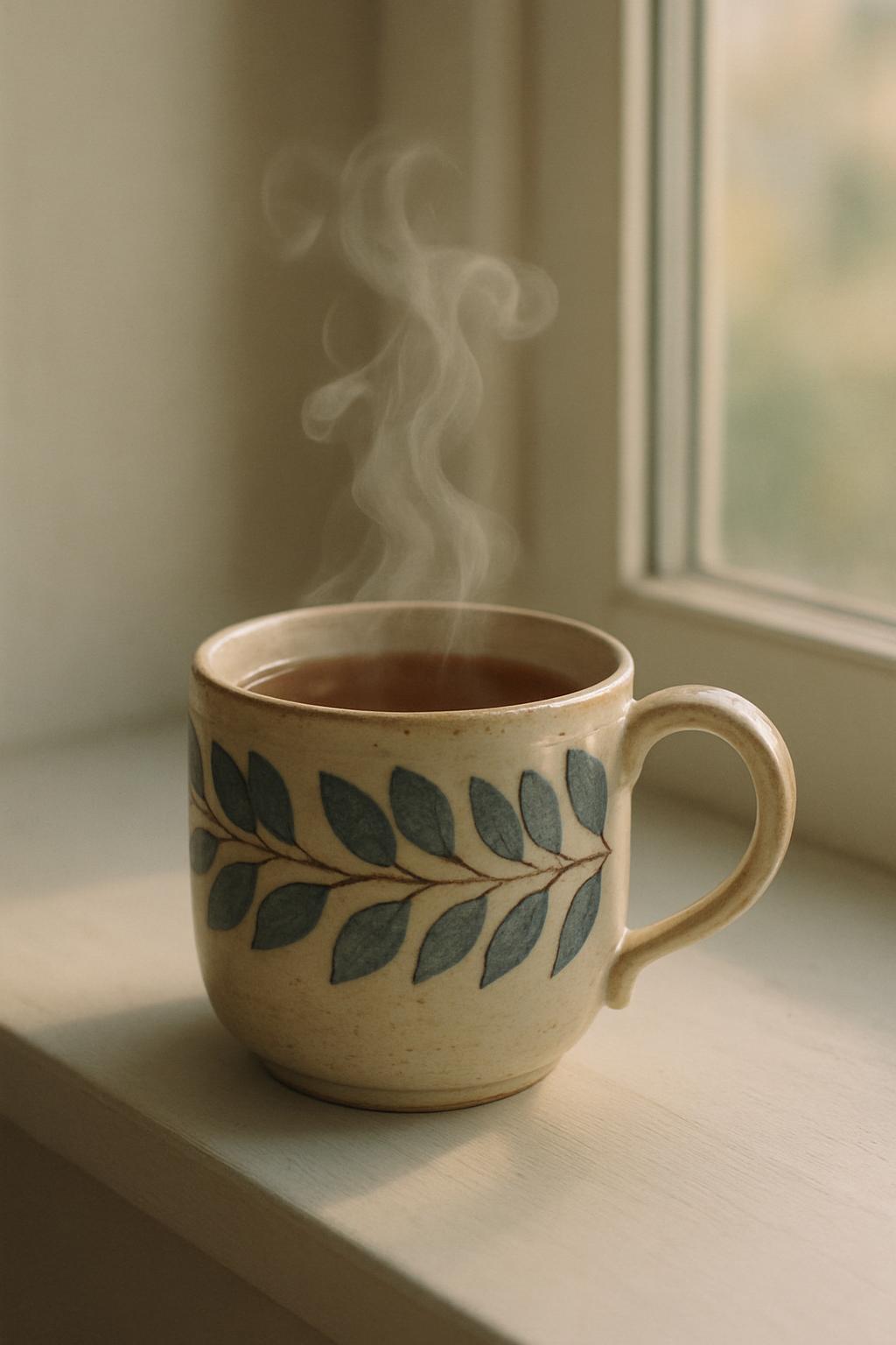 A beige coffee or tea mug with green leaves rests on a window sill under a natural light window that shows part of an out ...
