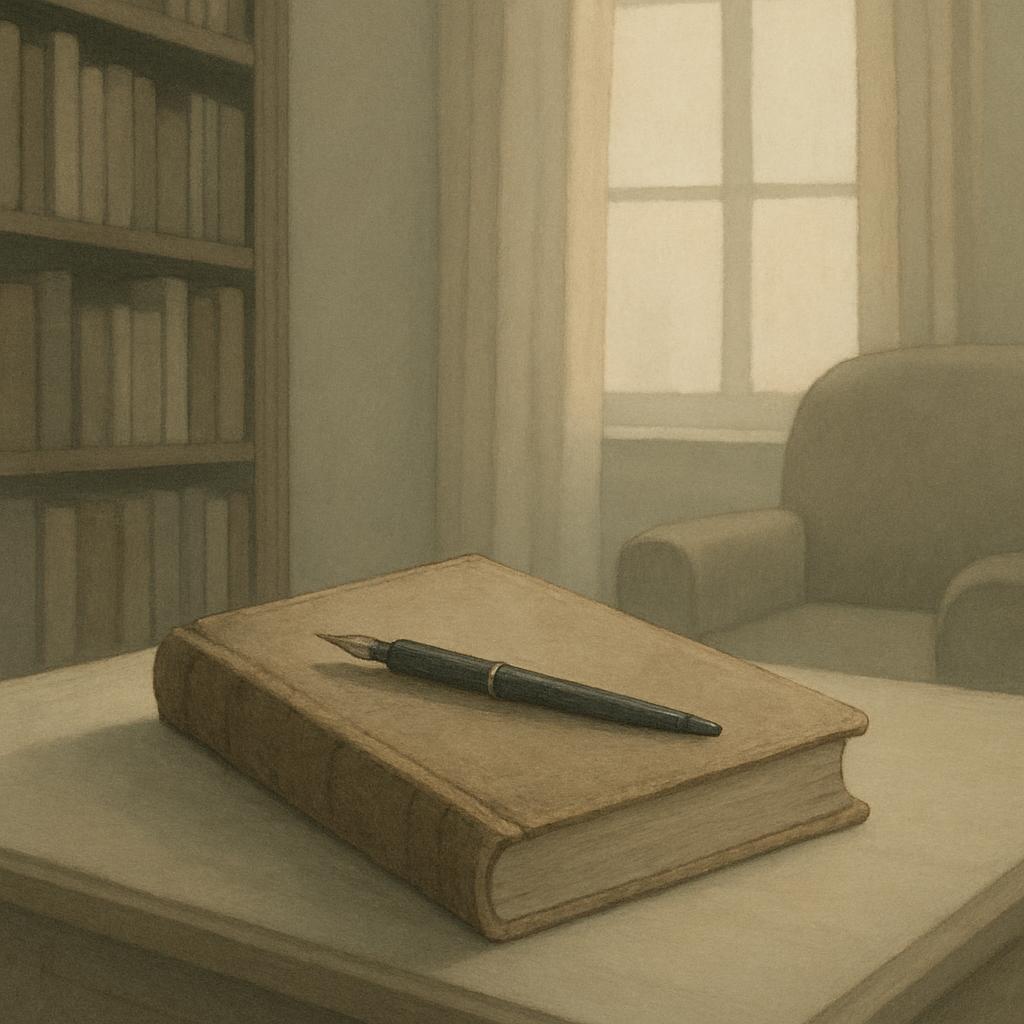 A room with a book and a fountain pen on a table in front of a window and a bookshelf.